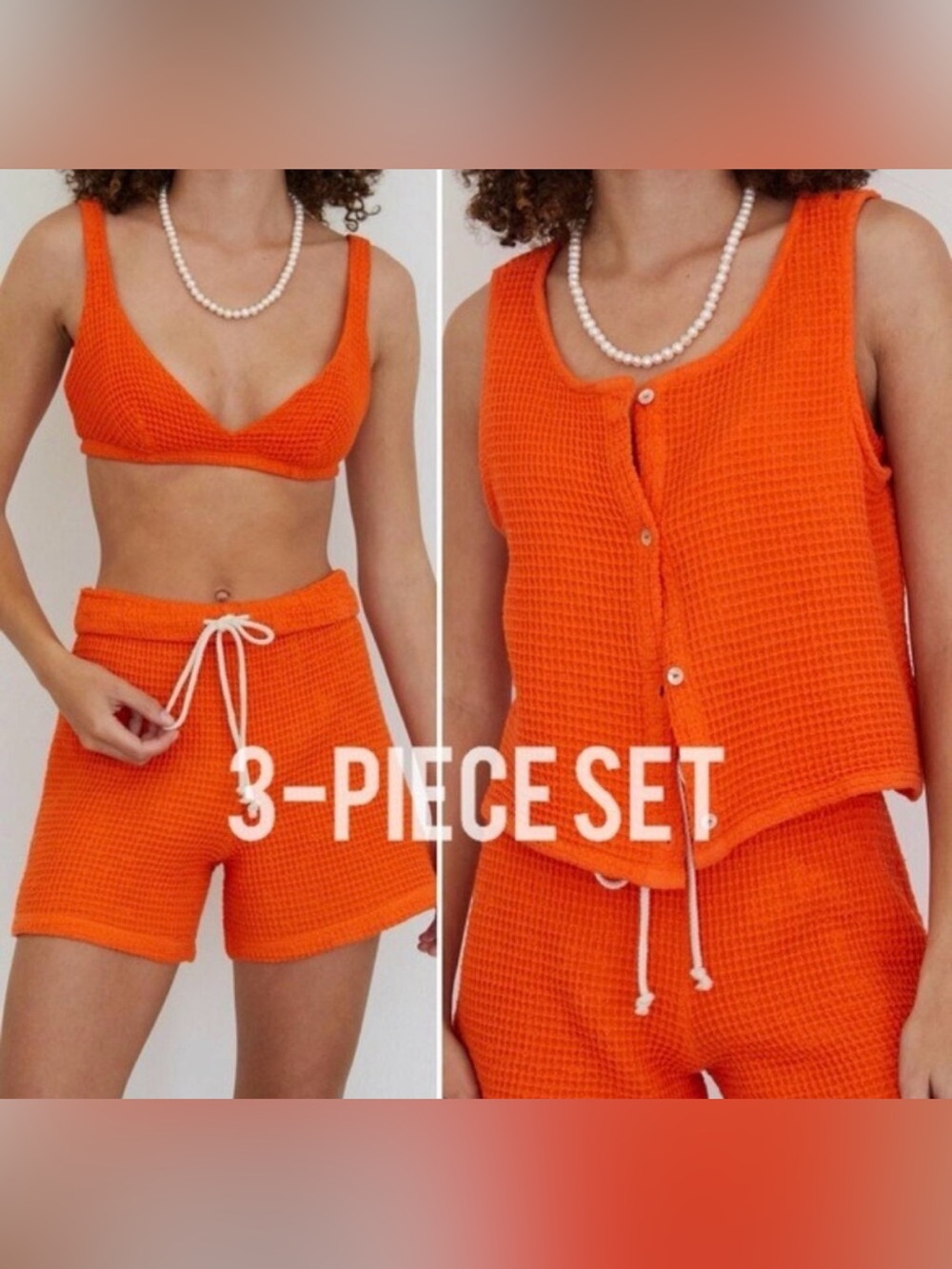 NWT Donni SET Waffle Vest + Bralette + Roll Shorts M Papaya Casual Loungewear